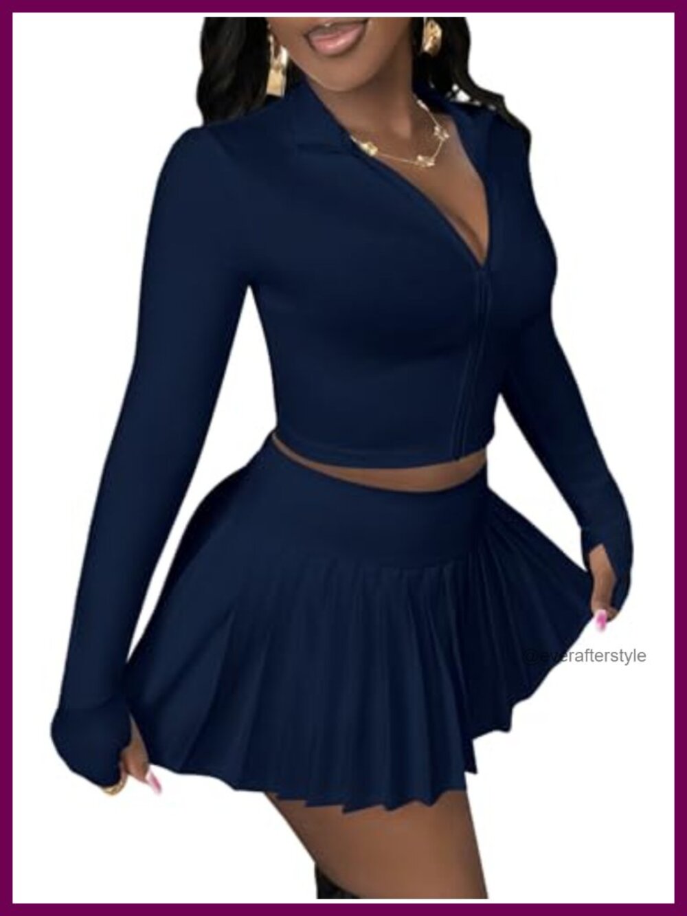 Women's 2 Piece Tennis Skirt Set Long Sleeve Zip Crop Top Pleated Mini Skort